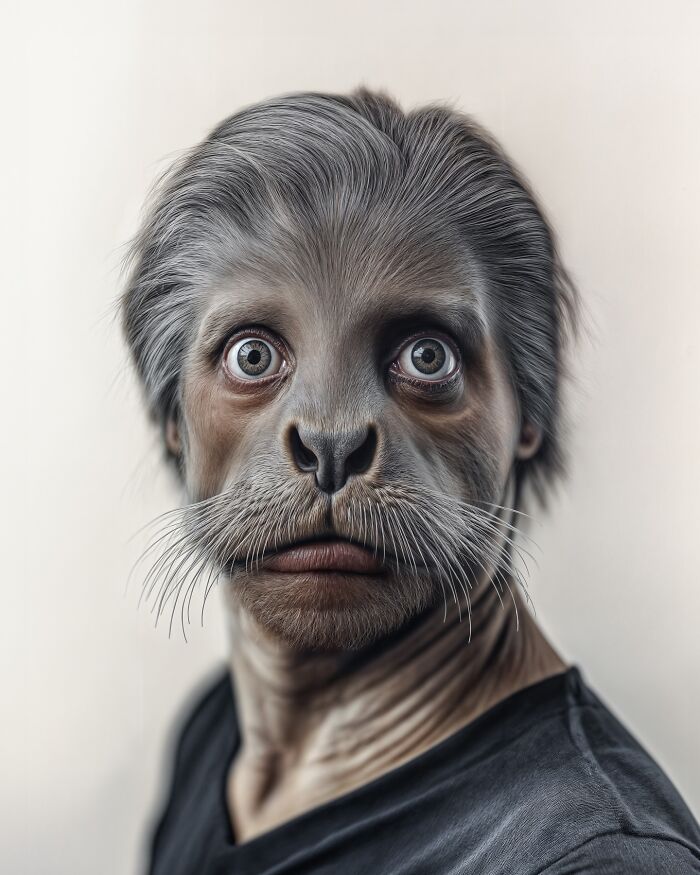 Surreal portrait blending human features with animal traits, exploring identity, instinct, and imagination.