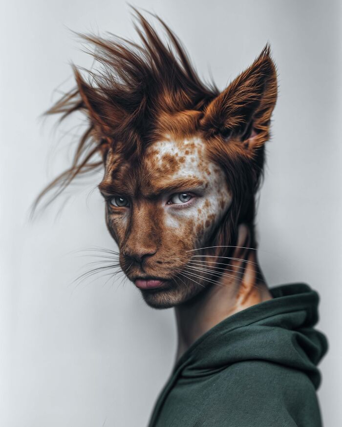 Surreal portrait blending human features with animal traits, showcasing identity, instinct, and imagination in art.