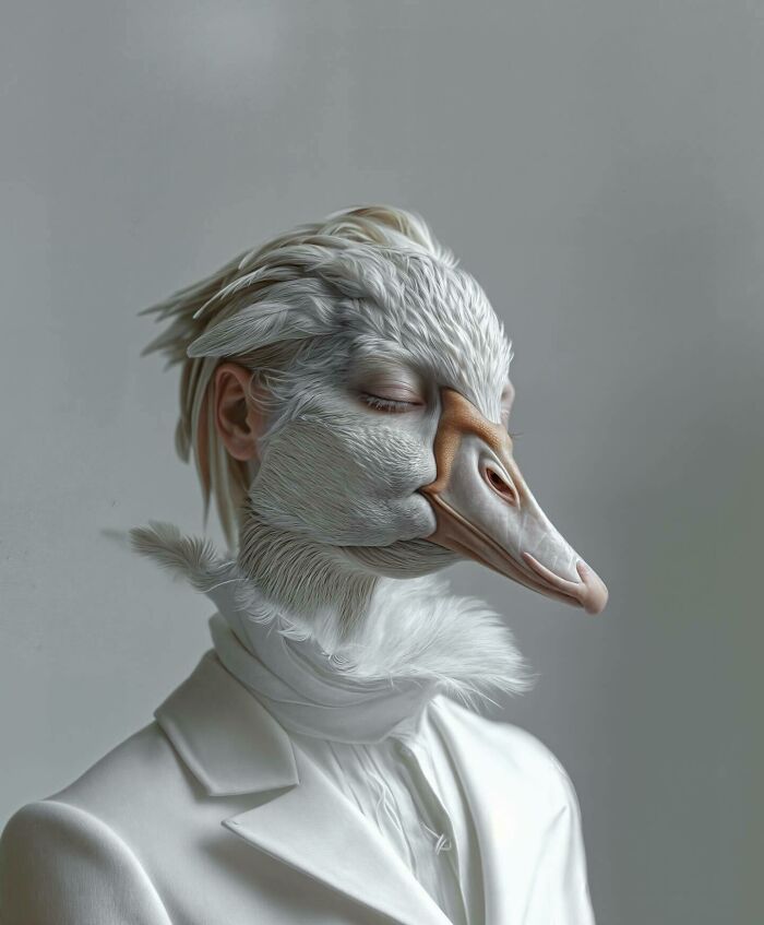 A surreal artwork blending a human and bird, exploring identity and imagination through detailed feathers and human features.
