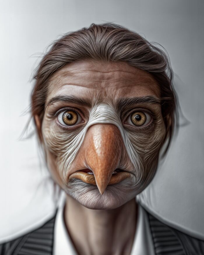 Surreal portrait blending human features with bird characteristics, exploring identity, instinct, and imagination in art.