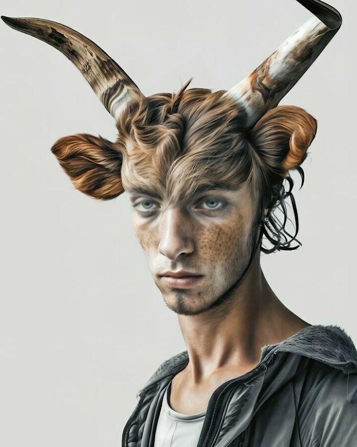 Surreal portrait blending a human face with animal features and horns to explore identity, instinct, and imagination.