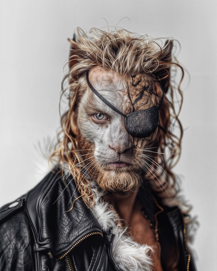 Close-up of a human blended with a lion wearing an eyepatch and leather jacket, exploring identity and imagination.