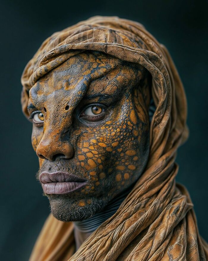 Person with body paint blending humans with animals, showcasing intricate details to explore identity, instinct, and imagination.