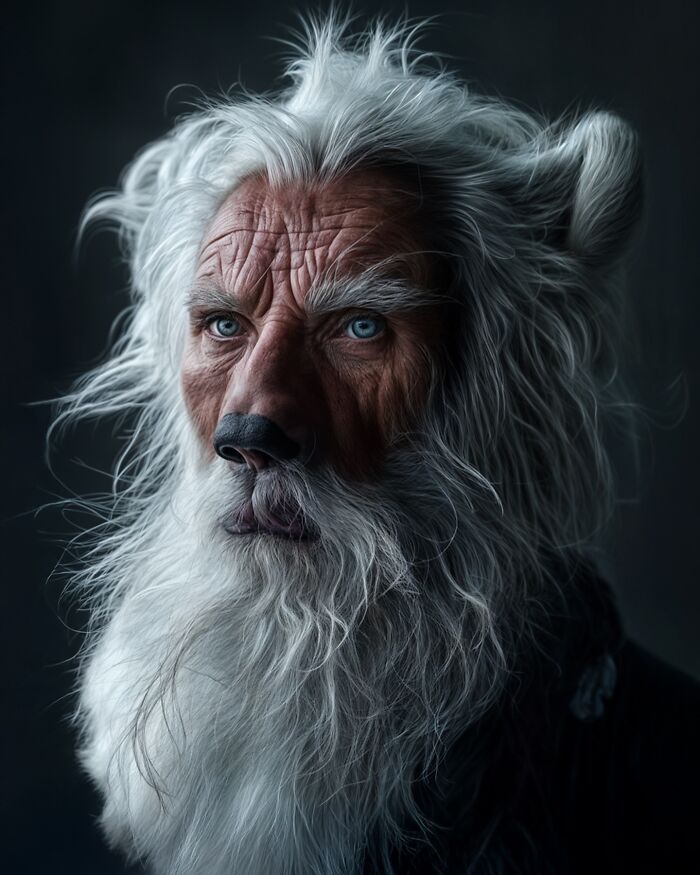Portrait of an elderly man blending with animal features, exploring identity, instinct, and imagination in digital art.
