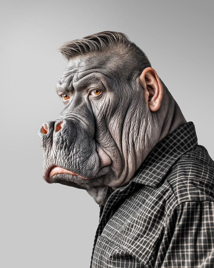 Surreal digital artwork blending human and animal features, exploring identity, instinct, and imagination in art form.