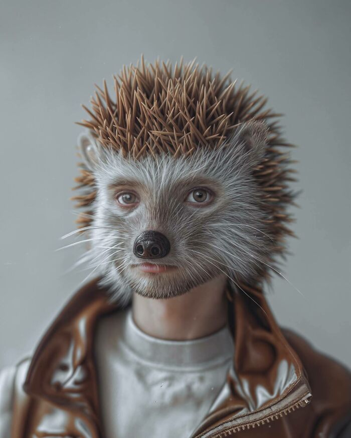 Surreal artwork blending human features with a hedgehog's face and spines, exploring identity, instinct, and imagination.