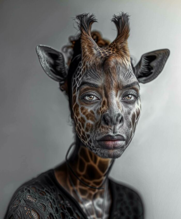Portrait of a person blending humans with animals, featuring giraffe patterns and facial features in a creative art style.