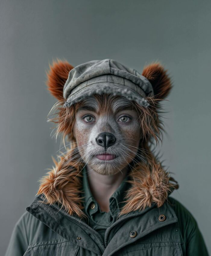 Portrait of a person blending human features with animal traits and objects to explore identity and imagination.