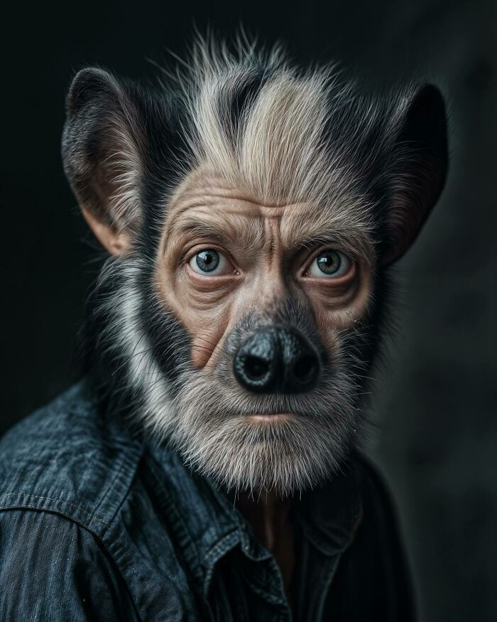 Surreal portrait blending human features with animal traits, exploring identity, instinct, and imagination in art.