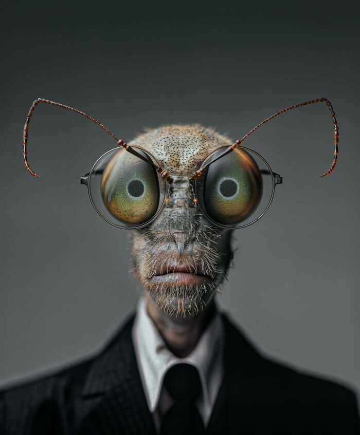 Surreal portrait blending human and insect features with glasses, exploring identity and imagination through artistic fusion.