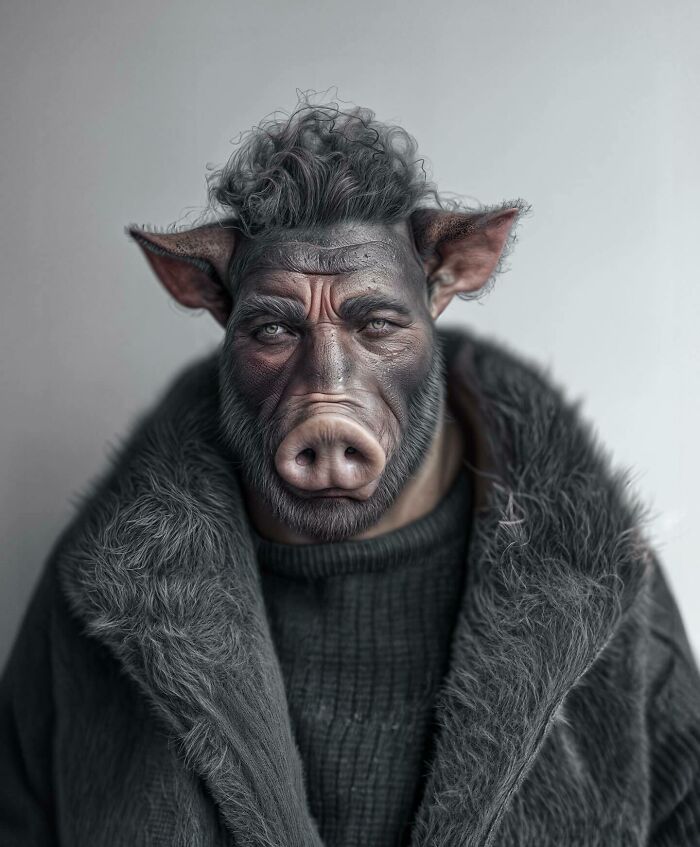 Surreal portrait blending human features with animal traits and objects, exploring identity, instinct, and imagination.