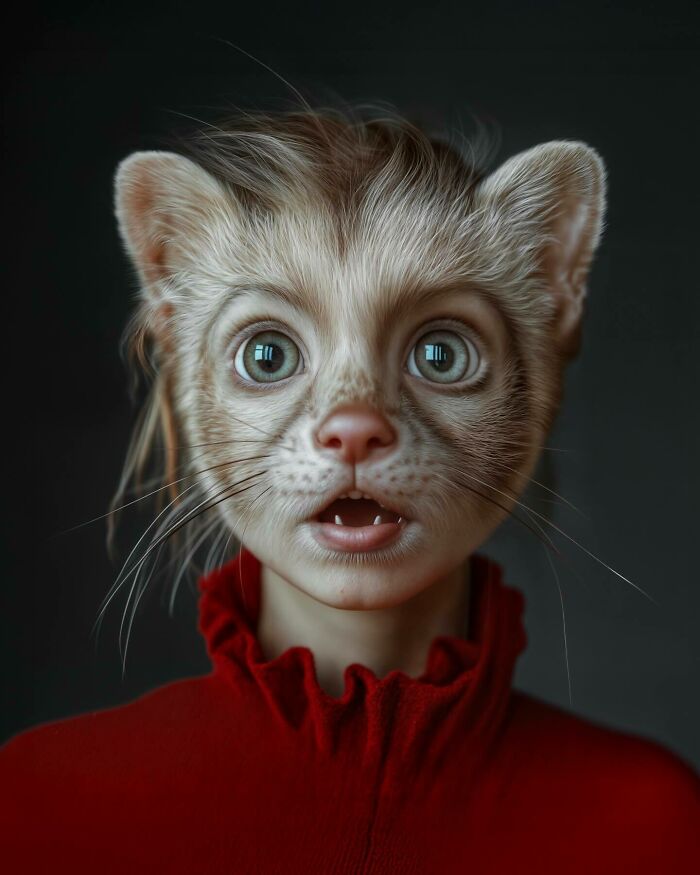 Surreal portrait blending human features with animal traits to explore identity, instinct, and imagination in art.