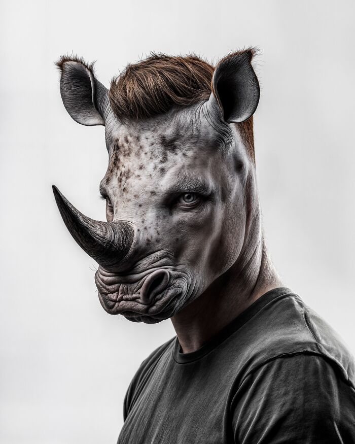 Human figure blended with a rhinoceros head, showcasing an artist's fusion of humans with animals to explore identity and imagination.