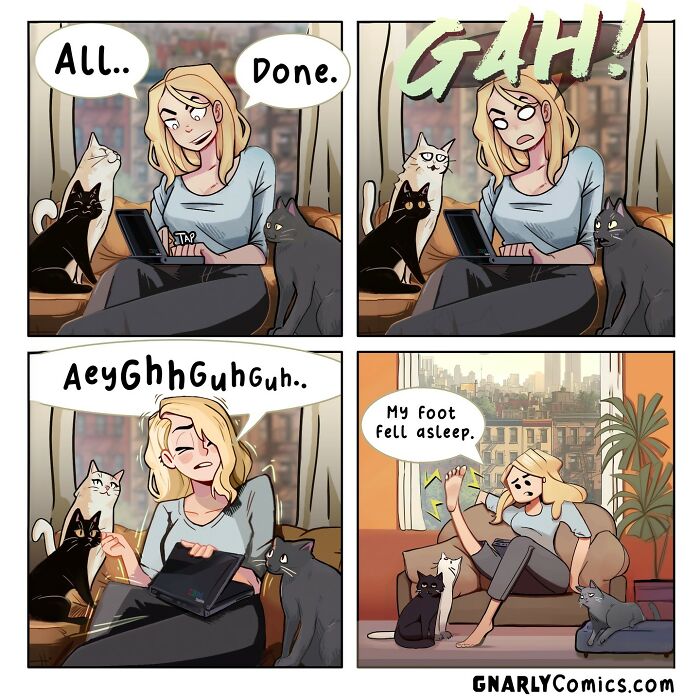Woman using laptop at home with cats, reacting to life’s little annoyances in a comic about AI and daily frustrations.