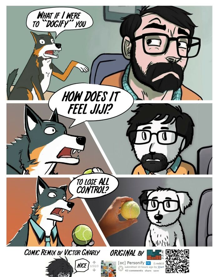 Comic panels showing a man transformed into a dog confronting life’s little annoyances in Victor Gnarly’s AI comics.