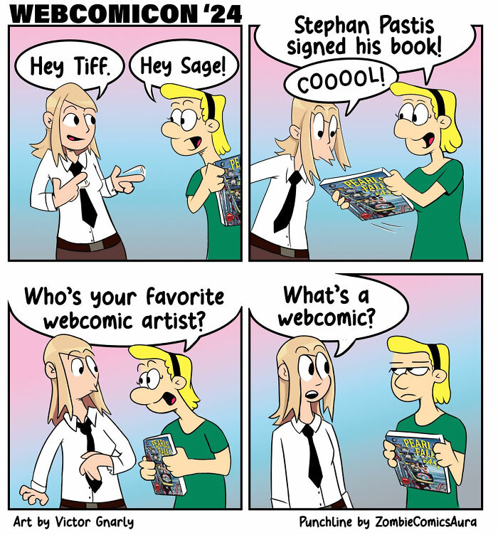 Two characters at a webcomicon discussing webcomics and favorite webcomic artists, comic art by Victor Gnarly.