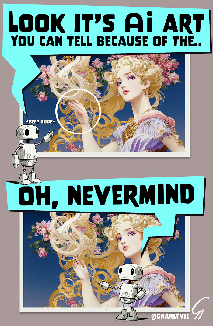 Comic by Victor Gnarly shows AI art flaws humorously with robots pointing out odd details in digital paintings.