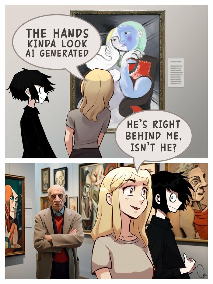 Two characters in a museum discussing AI-generated art hands, with a man standing behind them in the gallery.