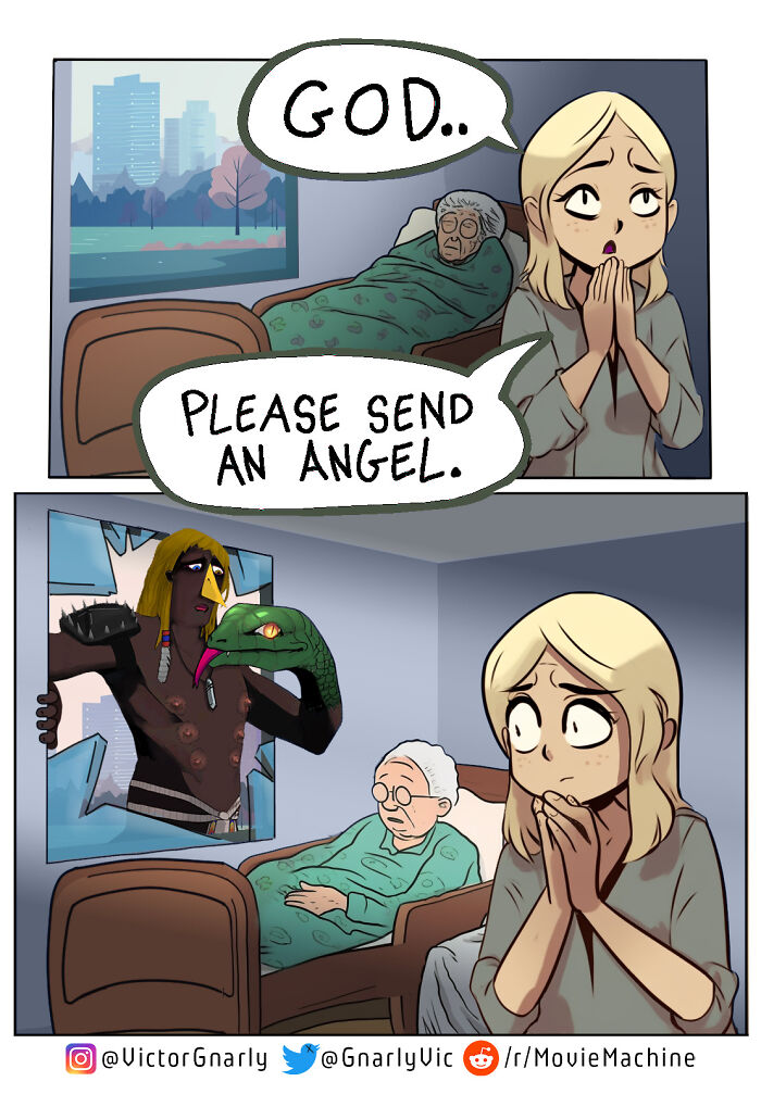 Comic by Victor Gnarly showing a woman praying for an angel with an elderly person in bed and a surreal figure appearing.