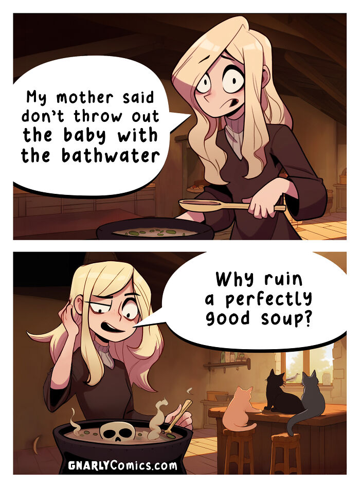 Blonde woman making soup with a skull, illustrating life's little annoyances in a comic about AI and everyday humor.