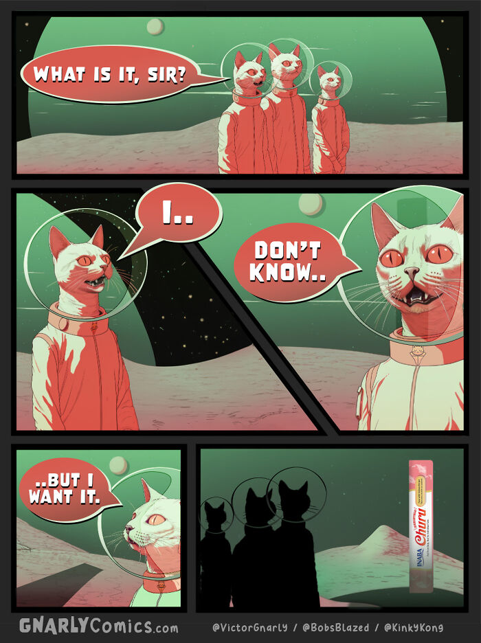 Cats in space suits on a lunar surface depicted in a comic about AI and life’s little annoyances by Victor Gnarly.