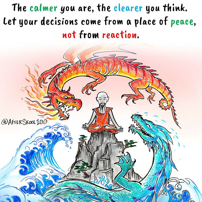 Illustration of meditation with red and blue dragons symbolizing philosophy, spirituality, and self-discovery concepts.