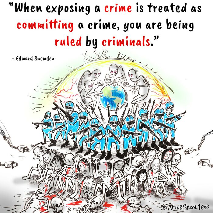 Illustration exploring philosophy and self-discovery, depicting armed figures controlling suffering people around a globe.