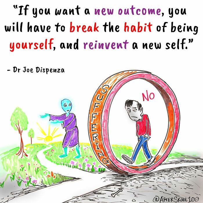 Illustration exploring philosophy and self-discovery with a person trapped in suffering and a guide toward new outcomes.