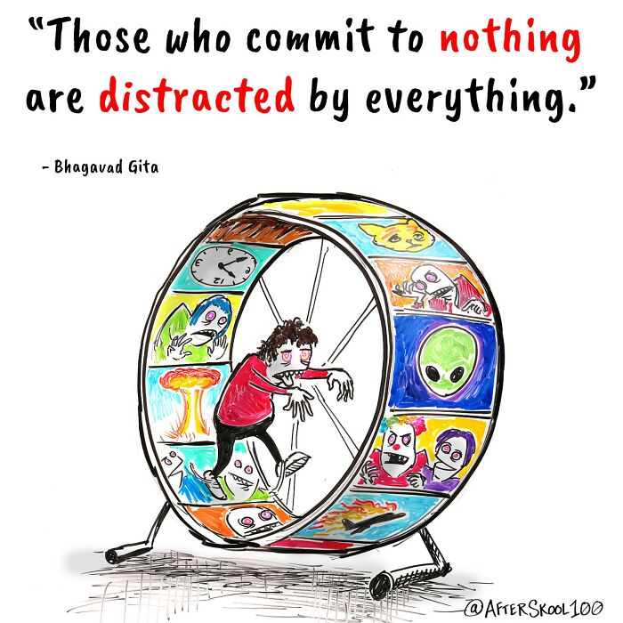 Illustration exploring philosophy and self-discovery showing a person trapped in a wheel with distractions and alien images.