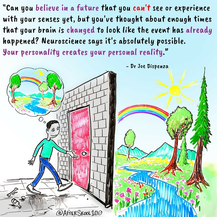 Illustration exploring philosophy and spirituality showing a person opening a door to a vibrant nature scene with a rainbow and river.