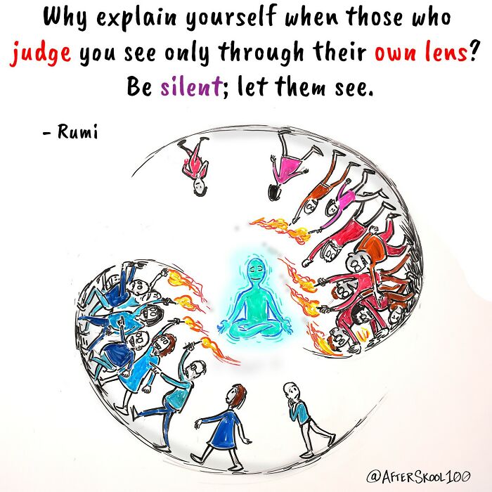 Illustration exploring philosophy, spirituality, and self-discovery with a glowing meditating figure and contrasting groups around it.