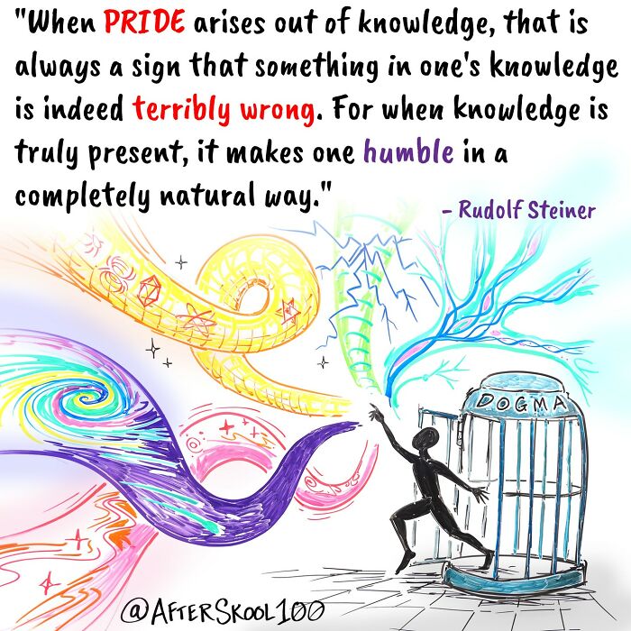 Illustration exploring philosophy and spirituality shows a figure escaping a cage labeled dogma toward vibrant, colorful abstract shapes.