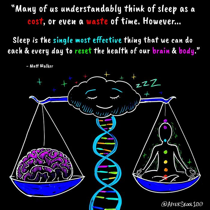 Illustration exploring philosophy and spirituality with a brain and meditating figure balanced by a DNA strand under a sleeping cloud.