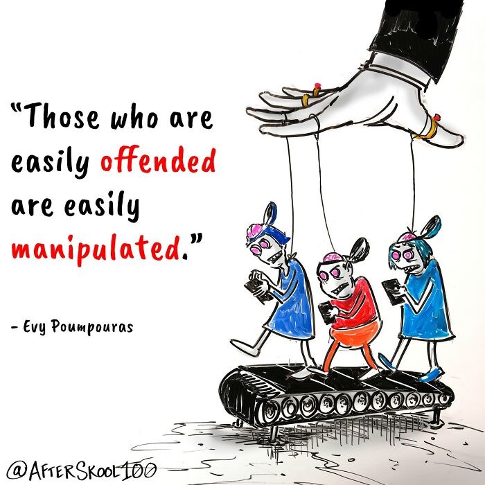 Illustration exploring philosophy and self-discovery showing puppets controlled by a hand, symbolizing manipulation and awareness.