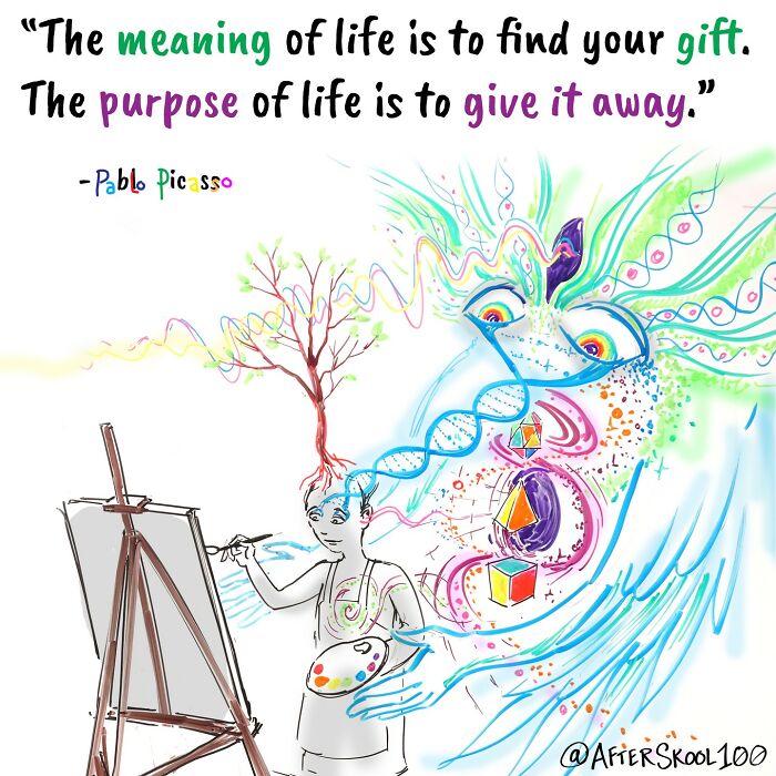 Illustration capturing philosophy, spirituality, and self-discovery with a painter connecting to abstract colorful cosmic elements.