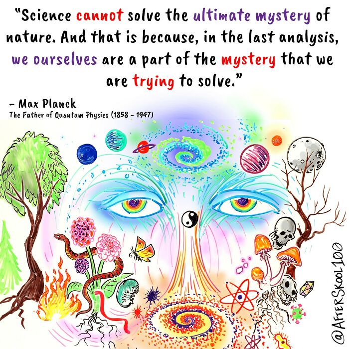 Colorful illustration exploring philosophy, spirituality, and self-discovery with cosmic and nature elements surrounding a human face.