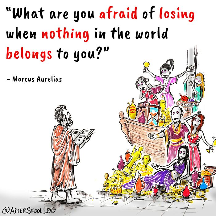 Illustration exploring philosophy and self-discovery with a quote by Marcus Aurelius about fear and loss.