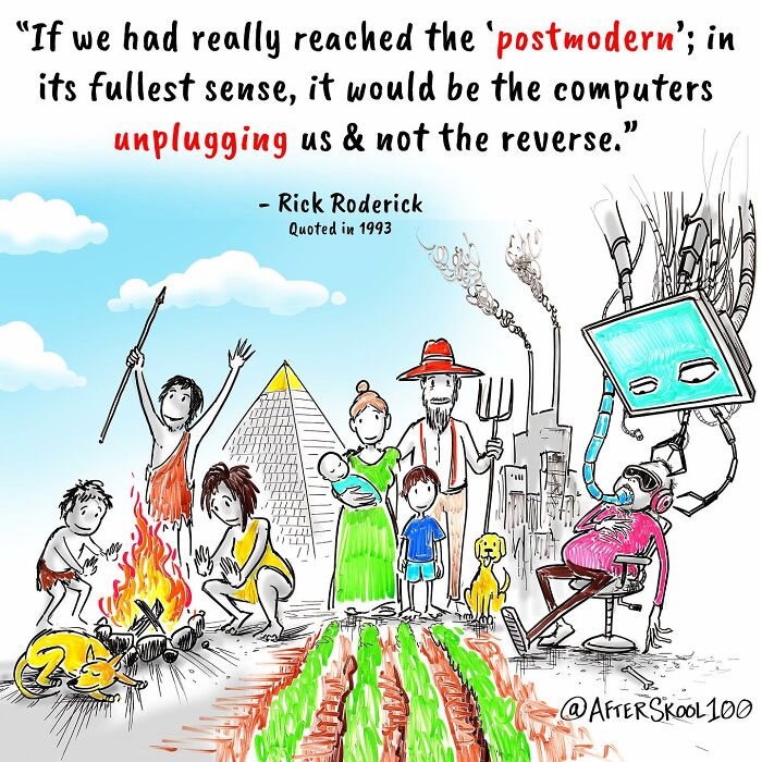 Illustration exploring philosophy and self-discovery with humans evolving from nature to technology in a vibrant, thought-provoking scene.