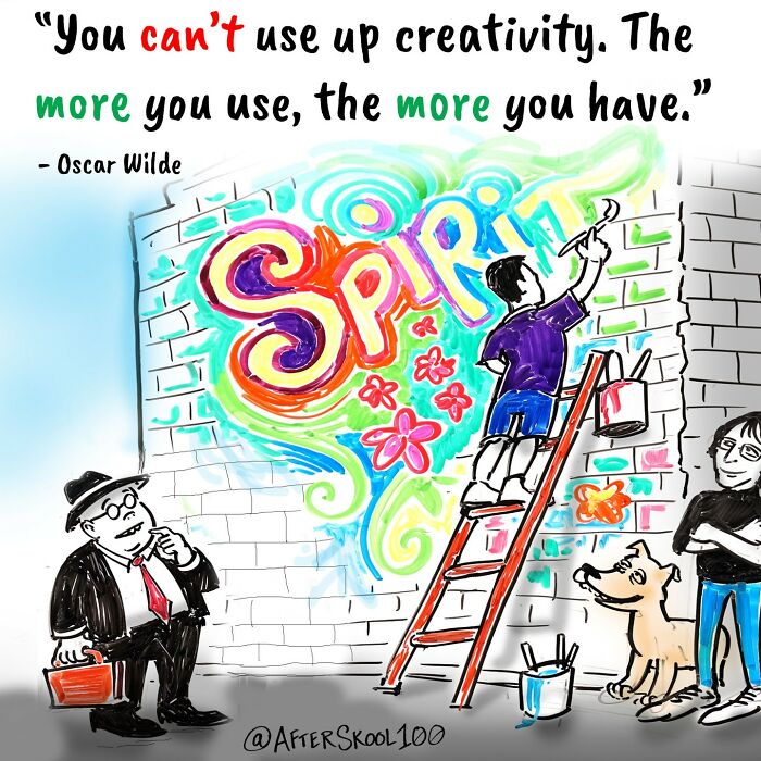 Illustration exploring creativity, spirit, and self-discovery with vibrant colors and inspirational philosophy quotes.