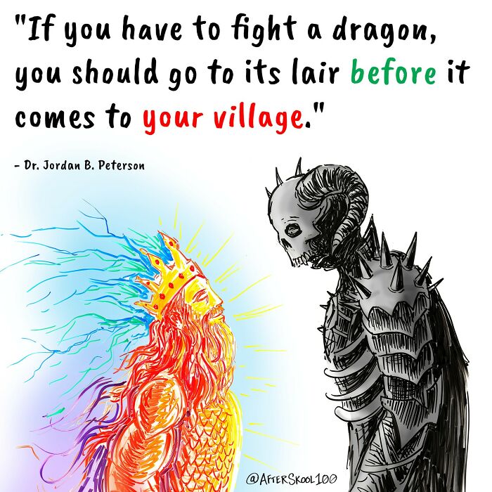 Illustration exploring philosophy and self-discovery showing a fiery king facing a dark, spiked demon figure.