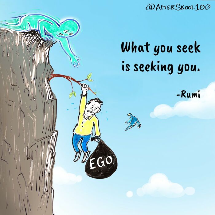 Illustration exploring spirituality and self-discovery shows a man hanging off a cliff holding ego, helped by a glowing figure.