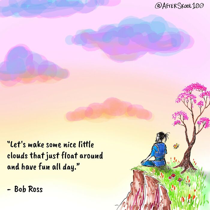 Illustration of a person meditating by a cliff under colorful clouds, exploring spirituality and self-discovery through art.