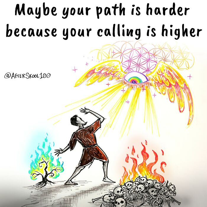 Illustration exploring spirituality and self-discovery shows a person facing symbolic flames and a radiant winged eye.