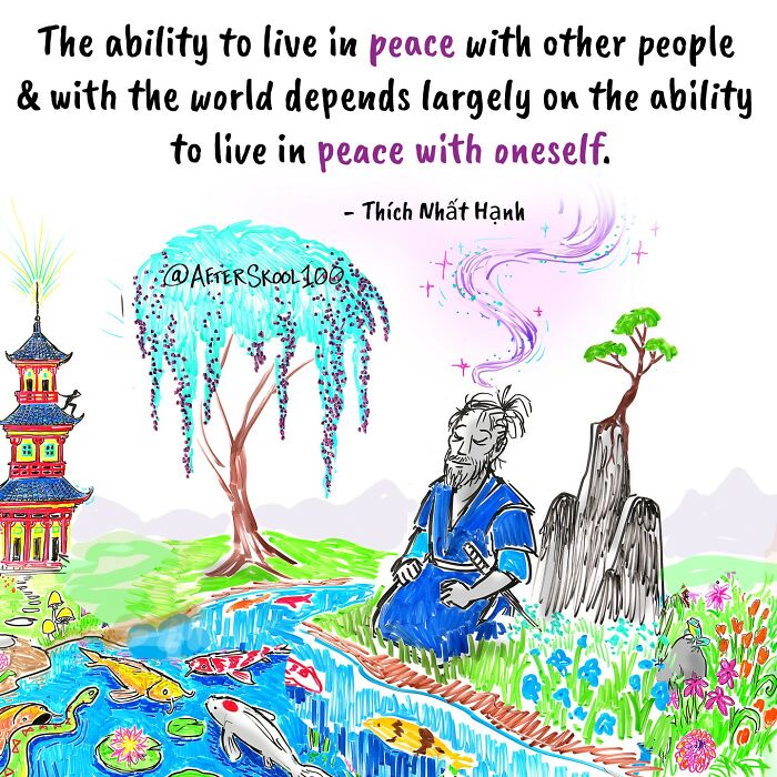 Illustration exploring philosophy, spirituality, and self-discovery with a meditating man by a koi pond and peaceful nature.