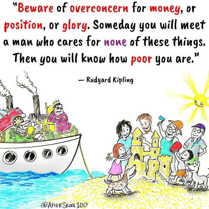 Illustration exploring philosophy and spirituality showing contrast between greed on a ship and joyful family building sandcastles on a beach.