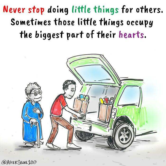 Illustration exploring philosophy and self-discovery, showing kindness through helping an elderly person with groceries.