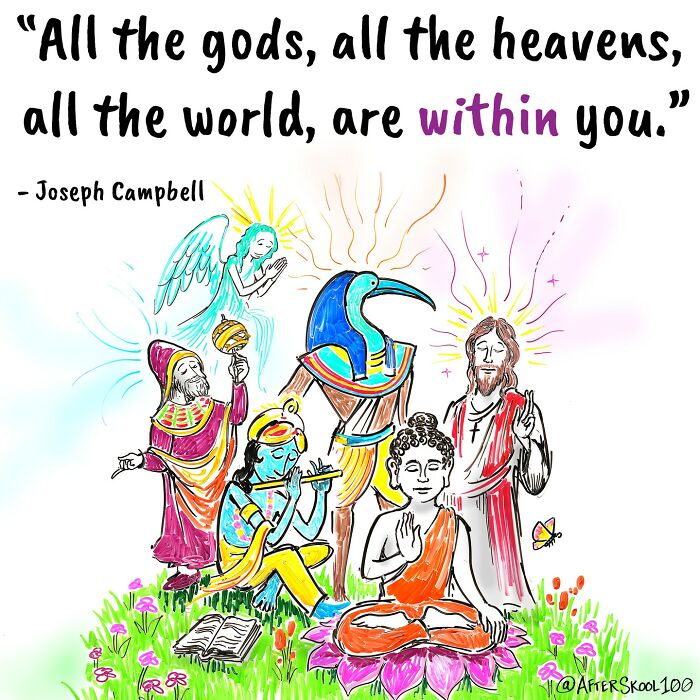 Illustration exploring spirituality and self-discovery with divine figures and a meditating person surrounded by nature and light.