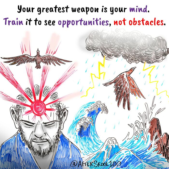 Illustration exploring philosophy and spirituality with a man training his mind to see opportunities over obstacles.