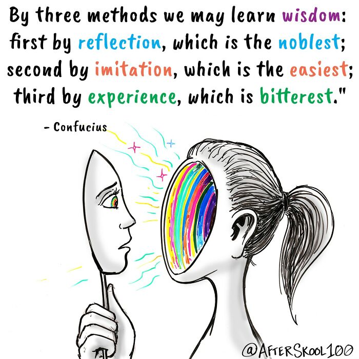 Illustration exploring philosophy and self-discovery with a person holding a mask and a colorful face inside.