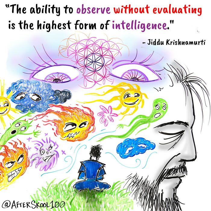 Illustration exploring philosophy and self-discovery with colorful emotions and a meditating figure under abstract eyes.